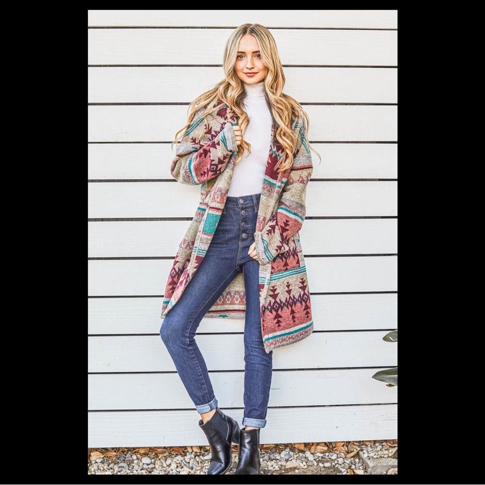 Red multi aztec print jacquard hooded jacket.